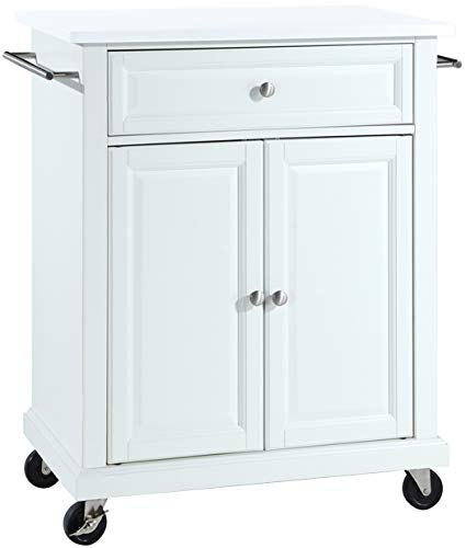 Crosley Furniture Compact Stone Top Small Rolling Cart with Shelves, Microwave Stand with Towel Rack, White - color: White, style: White Granite Top