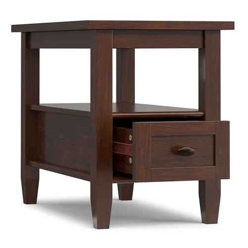 SIMPLIHOME Warm Shaker End Table - 14 inch Wide Solid Wood Narrow Accent Table in Russet Brown, Transitional Side Table for Living Room with Drawer and Shelf - color: Russet Brown, size: 14 inch, style: End Table