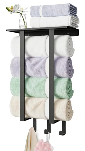 Roll Towel Racks for Bathroom, Bethom Small Wall Shelf with Hooks, Black | Stainless Steel Towel Racks for Bathroom, Wall Mounted with Shelf - color: Black, size: Square Tube