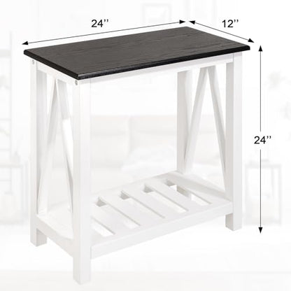 Farmhouse End Side Table Wood Frame Narrow Side Table with Shelves Black White Rectangular Night Stand Sofa Table for Couch, Small Spaces, Living Room, Bedroom - color: Black&white