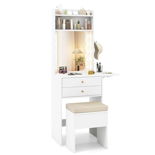 COSTWAY Vanity Desk with Mirror and Lights, Narrow Dressing Table with Foldable Countertop, Padded Stool, 2 Drawers for Apartment, Dorm, Bedroom, Makeup Vanity Set for Girl, Teen, Women (White) - color: White