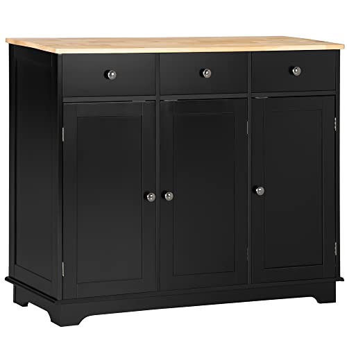 HOMCOM Sideboard Buffet Cabinet Solid Wood Countertop Black | Modern Kitchen Storage, Coffee Bar Cabinet, 3 Drawers, Doors, Adjustable Shelf - color: Black, size: 39.75" x 15.75" x 33.5"