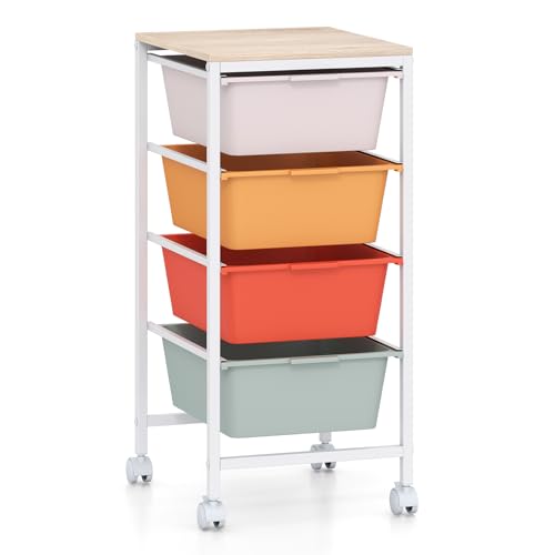 COSTWAY Rolling Storage Cart with Drawers, Multipurpose Utility Cart w/Wooden Tabletop & 2 Lockable Caster, Plastic Mobile Drawer Storage Organizer for Classroom, Home, Office (Macaron, 4 Drawers) - color: Macaron, size: 4 Drawers