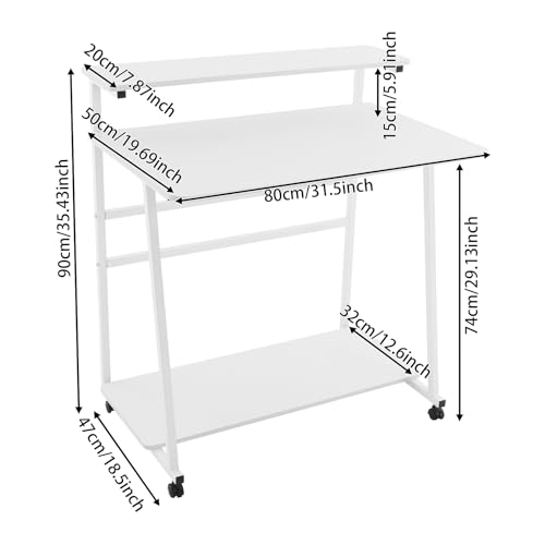 3 Tiers Rolling Computer Desk, 31.5 Inch Home Office Desk with 4 Wheels & 4 Foot Pads, Mobile Small Computer Desk, Student Study Table for Small Space Bedroom (White+White) - color: White+white