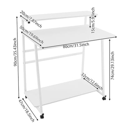 3 Tiers Rolling Computer Desk, 31.5 Inch Home Office Desk with 4 Wheels & 4 Foot Pads, Mobile Small Computer Desk, Student Study Table for Small Space Bedroom (White+White) - color: White+white