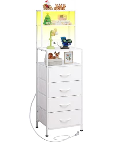 WLIVE Tall Nightstand with Charging Station, LED Night Stand with 4 Drawers and Storage Open Shelves, Fabric Dresser for Bedroom, Office, White - color: Classic White, size: 1 Piece, style: 4 Drawers