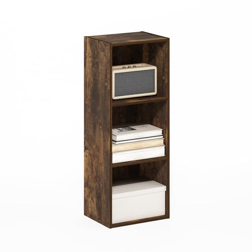 Furinno PASIR Book Shelf, 3-Tier Bookshelf, Open Storage Shelf Bookcase, Easy Assembly, 9" x 12" x 32", for Living Room, Bedroom, Home Office, Amber Pine - color: Amber Pine, size: 3-Tier Cube Min-Tool