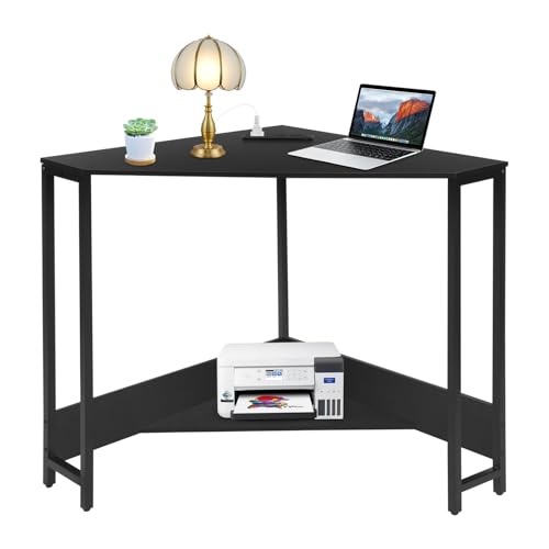 Corner Small Desk for Small Space, Corner Computer Desk with USB Ports Triangle Desk with Storage & Outlets for Home Office, Workstation, Living Room, Bedroom, 26.77" *26.77" *29.53" (Black)