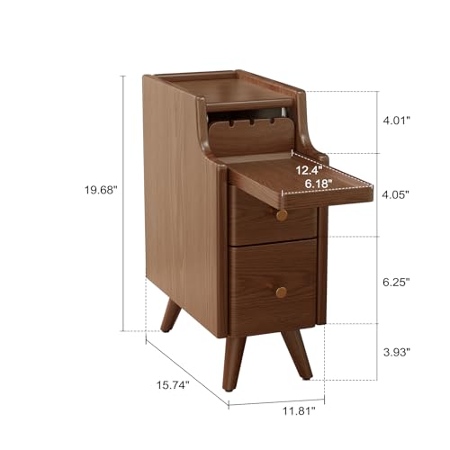 AQIMUELE Narrow Nightstand with Drawers, Wood Bedside Table, Small Walnut Nightstand Set of 2 - color: 2 Pc(walnut), size: 15.74''D*7.87''W*19.68''H