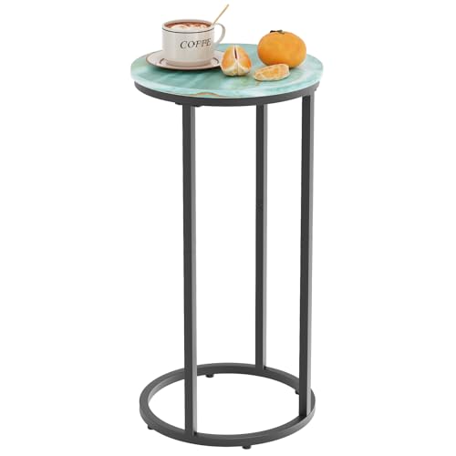 C Shaped end Table,Wood Round Side Table for Couch,Small Sofa Table with Metal Frame for Bedroom,Living Room,Bedside,Sea Blue(11.81" D x 11.81" W x 23.62" H) - color: Sea Blue+black, size: 1 Tier