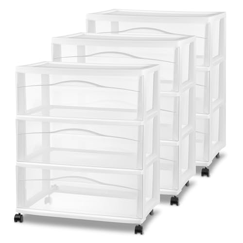 Sterilite 3 Pack Wide 3 Drawer Storage Cart, Plastic Organizer with Wheels, White - Multipurpose Bin for Clothes, Accessories, or Home Accessories - color: White, size: 3-Pack