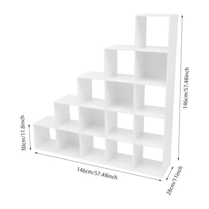 5-Tier Stepped Bookshelf, 15 Cube Storage Organizer Floor Standing Storage Shelf Modern Open Bookshelf for Home and Office (White) - size: 15 Cube L-Shaped