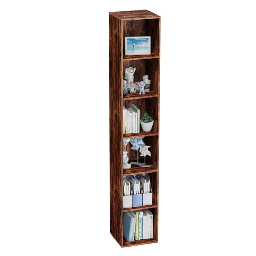 6 Tier Bookshelf, Open Tall Narrow Floor Standing Bookcase, Storage Organizer Bookshelves Freestanding Book Shelf for Living Room, Bedroom, Home Office (Retro Brown, 6 Cube) - color: Retro Brown, size: 6-Cube