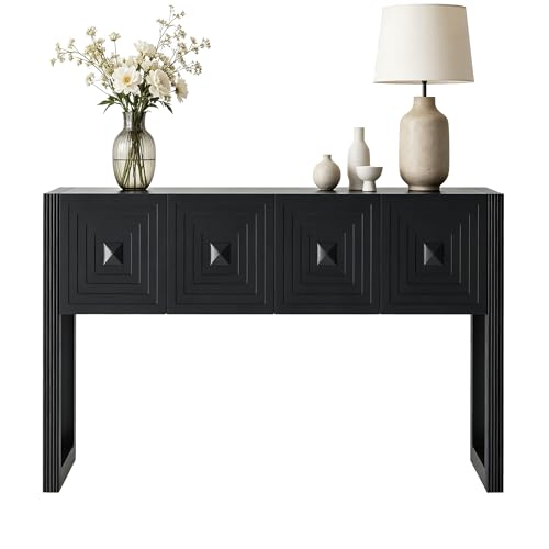 LKTART 55" Carved Console Table with 3 Soft-Close Drawers, Entryway Sofa Table with Fluted Leg,Solid Wood Accent Table for Living Room Hallway,Black - color: Black