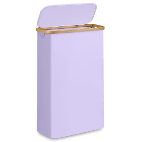 Slim Laundry Basket,60L Laundry Hamper with Lid, Tall Hamper for Laundry,Dirty Cloth Hamper with Bamboo Handle for Towels, Clothes Organizing,Purple - color: Purple, size: 60L Slim