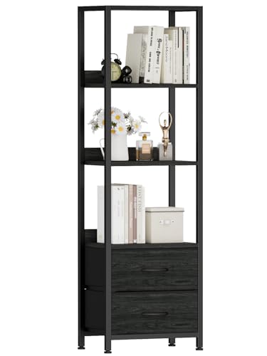 4 Tier Corner Shelf,Black Narrow Bookshelf with 2 Storage Drawers | 57.28”Tall Bookcase for Bedroom,Living Room,Display Cabinet with Metal Frame,Wood Shelves, Fabric Bins,Easy to Assemble - color: Black Oak, size: 4 Tier