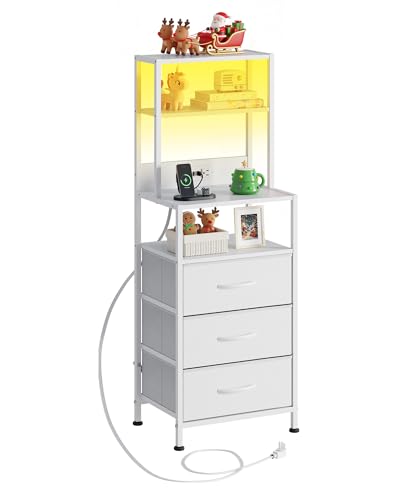 WLIVE Tall White Nightstand with Charging Station, LED Night Stand with 3 Fabric Drawers and Storage Open Shelves, Bedroom Nightstand Table, Bed Side Table for Living Room - color: Classic White, size: 1 Piece, style: 3 Drawers
