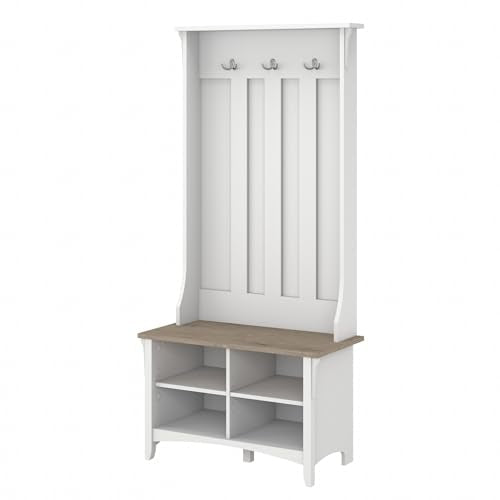 Bush Home Salinas Hall Tree with Shoe Storage Bench in Shiplap Gray and Pure White, Multi-Purpose Home Organizer, Entryway Solution with Seating and Hooks - color: Shiplap Gray/Pure White
