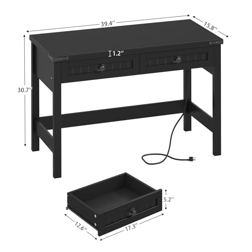 YOMILUVE Farmhouse Computer Desk with 2 Drawers, 39 Inch Small Black Computer Desk with Power Outlets, Home Office Desk Compact Writing Study Table for Small Spaces - color: Black