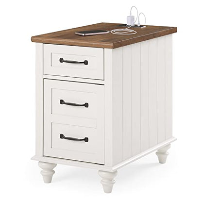WAMPAT White End Table with Charging Station, Wood Side Table with 1 Drawer &1 Storage Cabinet, Mid Century Modern Nightstand with Power Outlets & USB Ports for Living Room, Bedroom - color: Off White