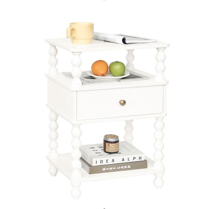 AWASEN White Nightstand, Bed Side Table Bedroom with Drawer, 3-Tier Small Night Stand End Table with Storage for Small Spaces &Solid Wood Spindle Legs, White - color: White