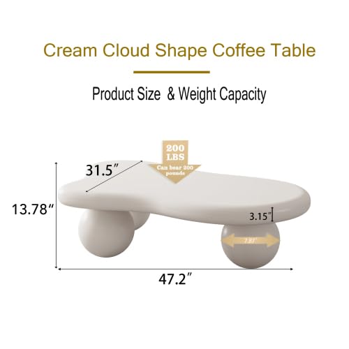 47.2” Cloud Coffee Table with 3 Ball Legs, Modern Irregular Center Table for Living Room, Low Cute Small MDF Tea Table for Bedroom, Space Apartment Cream White - color: Cloud-47" White