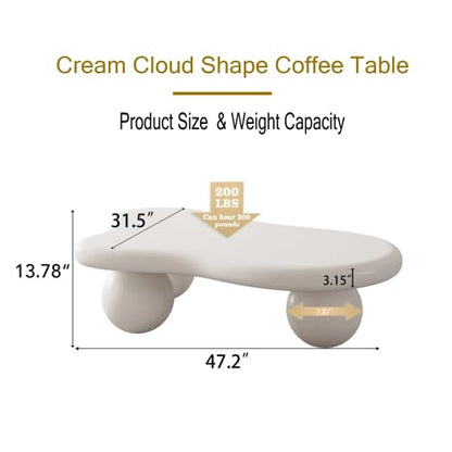 47.2” Cloud Coffee Table with 3 Ball Legs, Modern Irregular Center Table for Living Room, Low Cute Small MDF Tea Table for Bedroom, Space Apartment Cream White - color: Cloud-47" White