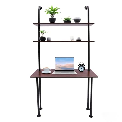 2-Shelf Industrial Wall Mount Ladder，Wall Mount Computer Desk Writing Desk,Industrial Bookcase Desk with Shelves，Floating Desk with Storage, Wall Table for Home Office, Brown (20"Dx30"Wx72.7"H) - color: Black/ Brown (39"w)