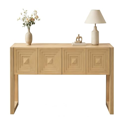LKTART 55" Carved Console Table with 3 Soft-Close Drawers, Entryway Sofa Table with Fluted Leg,Solid Wood Accent Table for Living Room Hallway,Light Brown - color: Light Brown