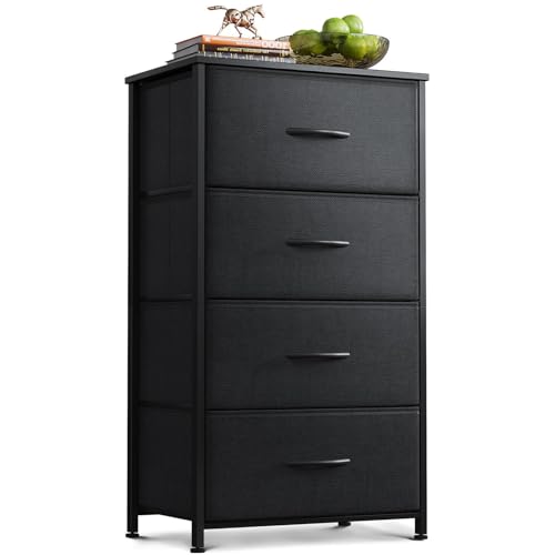AODK Small Dresser for Bedroom with 4 Storage Drawers, Black | Dressers Chest of Drawers Fabric Dresser with Sturdy Steel Frame, Dressers for Closet with Wood Top - color: Black