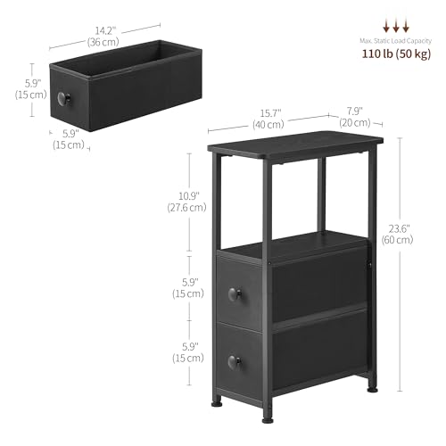 DALEMHOME End Table, Narrow Side Table with 2 Fabric Drawers, Slim Nightstand, Small Bedside Table with Storage, Living Room, Bedroom, Black HKET1200BK - color: Black, size: 7.9" W x 15.7" D, style: No Power