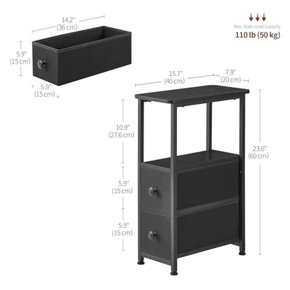 DALEMHOME End Table, Narrow Side Table with 2 Fabric Drawers, Slim Nightstand, Small Bedside Table with Storage, Living Room, Bedroom, Black HKET1200BK - color: Black, size: 7.9" W x 15.7" D, style: No Power