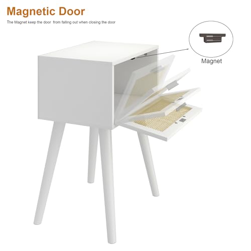 LAATOOREE Table, Nightstand Set of 2 - Small End Table with Rattan Door, Boho Style for Bedroom Living Room - White - color: White, style: Boho Style