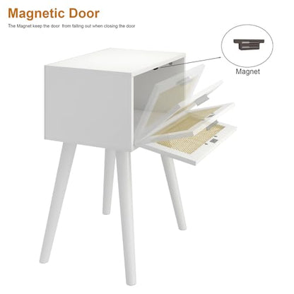 LAATOOREE Table, Nightstand Set of 2 - Small End Table with Rattan Door, Boho Style for Bedroom Living Room - White - color: White, style: Boho Style