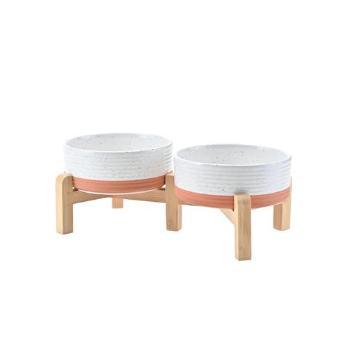 SPUNKYJUNKY Elevated Dog Bowls Ceramic, 5.1'' Dogs and Cat Food Water Bowls Raised with Non-Slip Bamboo Stand for Puppy Small Sized Breed Microwave Dishwasher Safe - 13.5 OZ,Pattern White - color: Pattern White, size: 5.1 in - 1.7 cups