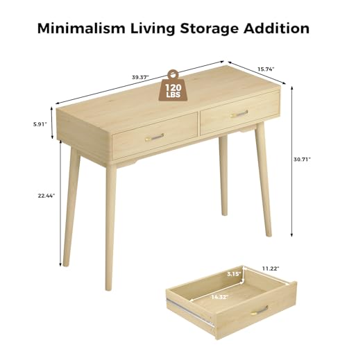 FUNKOCO Small Wood Desk with Drawers - 40 Inch Home Office Study Writing Desk for Bedroom, Vanity Desk with 4 Solid Legs, Modern Computer Desk for Small Spaces - color: Wood