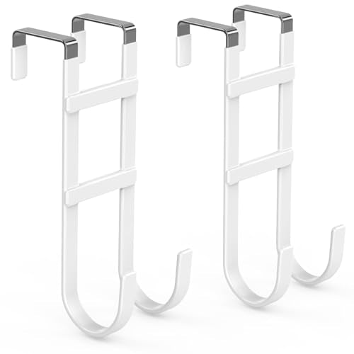 FYY Over the Door Hooks, Double-Hanger 2 Pack, Fits Doors 1.6" White | Heavy Duty Metal, Hold 100lbs, Rubber-Coated, No-Drilling, for Bathroom Dorm, Hanging Clothes Towels Bags Ironing Board Robe - color: White, size: 7.8" Long, Fit Interior Doors Up to 1