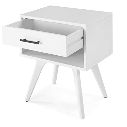 Mid Century Modern One Drawer Nightstand/Constructed of Solid Wood/White Finish - color: White