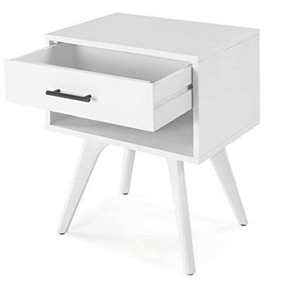 Mid Century Modern One Drawer Nightstand/Constructed of Solid Wood/White Finish - color: White