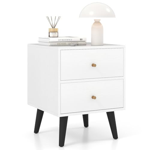 GOFLAME Nightstand with 2 Drawers, Mid-Century Modern Bedside Table with Storage, Elevated Legs & Golden Knobs, Wooden, Small Sofa Side End Table, Compact Night Stand for Bedroom, White (1)