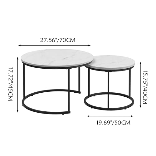 Nesting Coffee Table Set of 2 Round Side Tables, 27.6 Inch Marble Top Coffee Table with Metal Frame for Small Space, Living Room, Bedroom, Balcony & Apartment(White) - color: White
