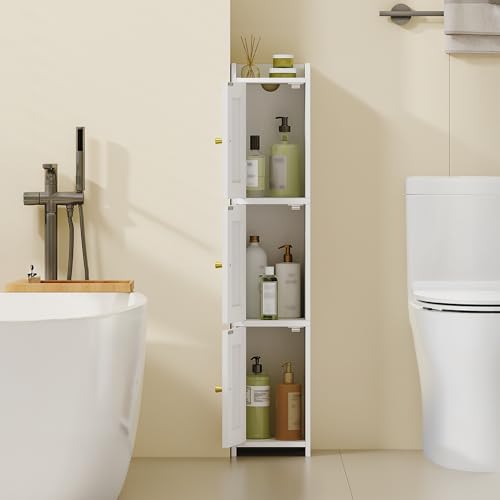 HEXCELEN Slim Bathroom Storage Cabinet, Narrow Cabinet with 3 Doors，Small Bathroom Organizers and Storage, Laundry Room Organization for Small Space, Kitchen, Living Room, White
