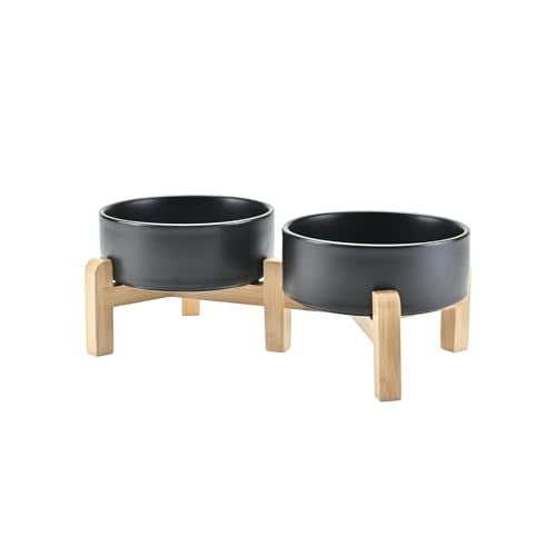 SPUNKYJUNKY Elevated Dog Bowls Ceramic, 5.1'' Dogs and Cat Food Water Bowls Raised with Non-Slip Bamboo Stand for Puppy Small Sized Breed Microwave Dishwasher Safe - 13.5 OZ,Black - color: Black, size: 5.1 in - 1.7 cups