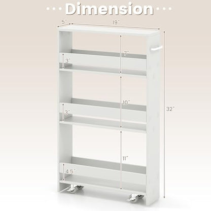 4-Tier Slim Rolling Storage Cart, Wooden Kitchen Utility Cart with Wheels & Handle, Space Saving Trolley, Slide Out Shelving Unit for Narrow Spaces, Laundry, Bathroom (White) - color: White