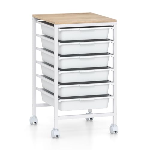 COSTWAY Rolling Storage Cart with Drawers, Multipurpose Utility Cart w/Wooden Tabletop & 2 Lockable Caster, Plastic Mobile Drawer Storage Organizer for Classroom, Home, Office (White, 6 Drawers) - color: White, size: 6 Drawers