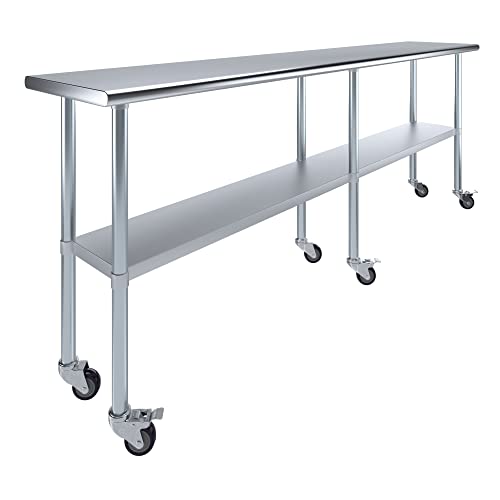 AmGood 96" Long x 18" Deep Stainless Steel Table with Casters - size: 96" Long x 18" Deep