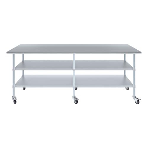 AmGood Stainless Steel Work Table with 2 Shelves and Casters | Metal Utility Table On Wheels (Stainless Steel, 96" Long x 24" Deep) - size: 96" Long x 24" Deep