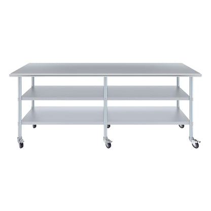 AmGood Stainless Steel Work Table with 2 Shelves and Casters | Metal Utility Table On Wheels (Stainless Steel, 96" Long x 24" Deep) - size: 96" Long x 24" Deep