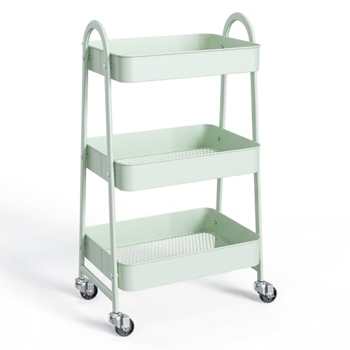 NEWBULIG 3-Tier Metal Rolling Storage Cart, Heavy Duty Mobile Utility Organizer Shelf with Lockable Wheels, Multifunctional Trolley for Daily Supplies, Home Indoor Daily Use, Green - color: Green, size: 3 Shelves
