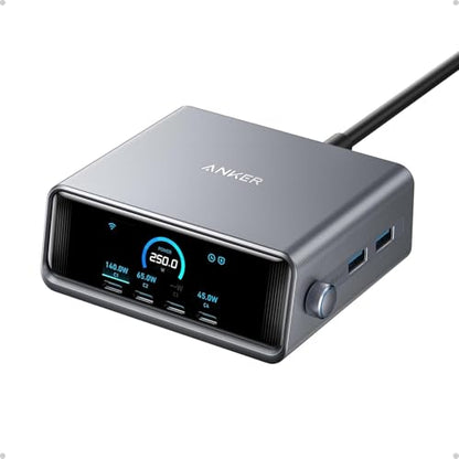 Anker Prime Charging Station, 250W 6-Port GaN USB C Charger, 2.26" LCD Smart Display Control, Compatible with iPhone, Galaxy, MacBook, Dell for Home Office, Gaming Desk Accessories